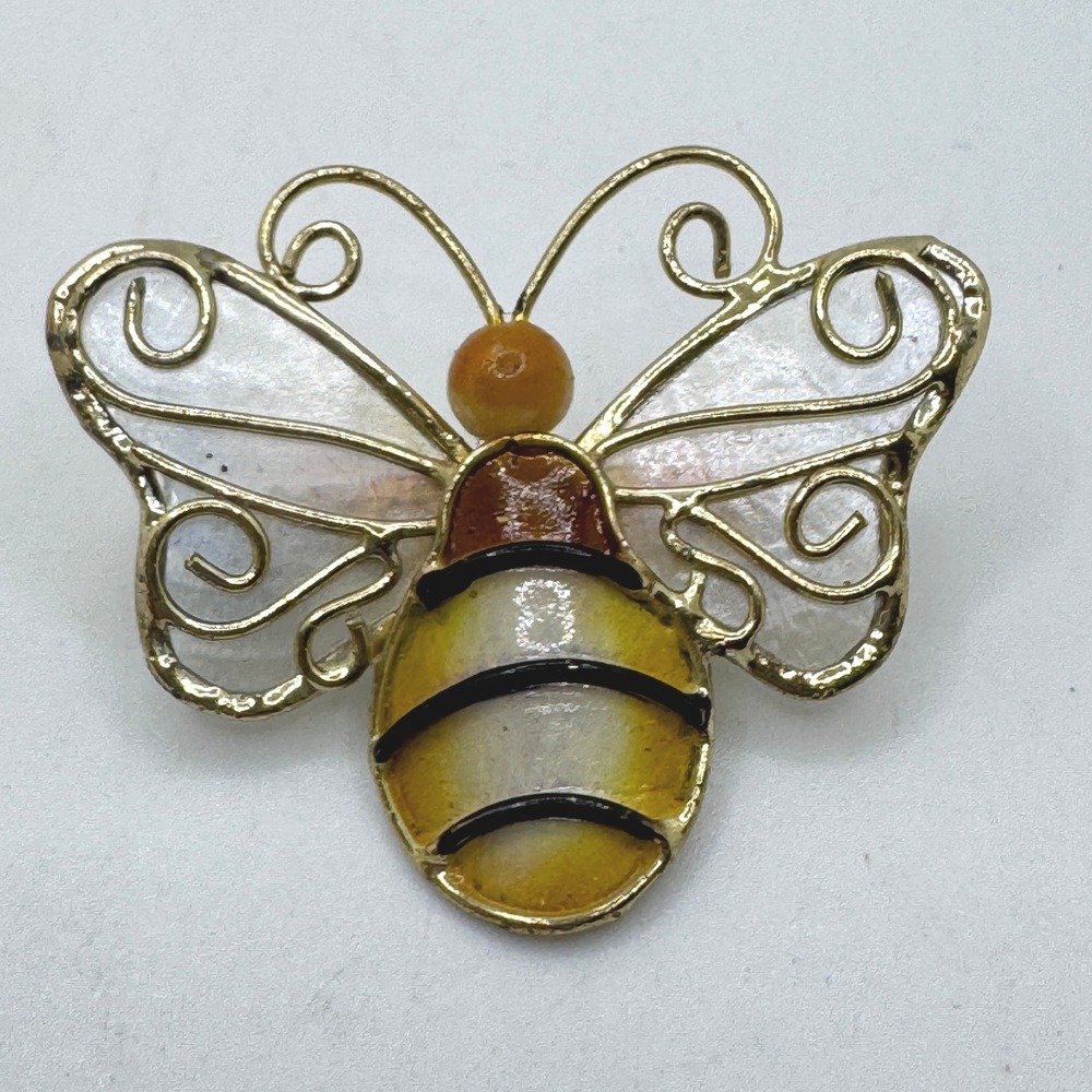 Vintage Gold Tone Bumble Bee Brooch Filigree Enamel Wing Insect Pin Accessory